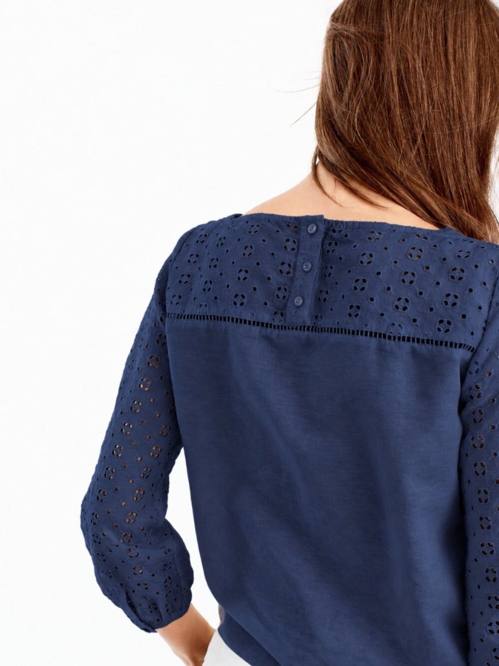 J.Crew Navy Blue Linen Cotton Blend Eyelet Long Sleeve Boat Neck Blouse (Size 6) - Picture 3 of 11